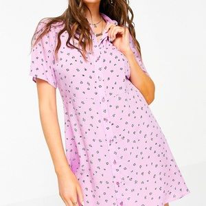 Pink floral print mini shirt dress w/collar and button detail - Size L